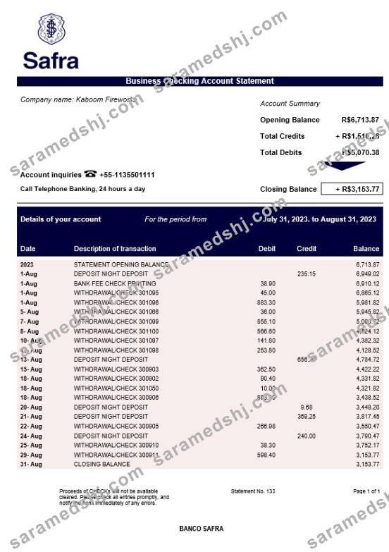 Banco Safra business statement Word and PDF template